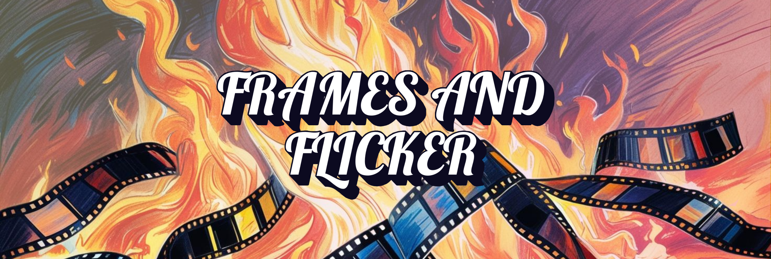 Frames and Flicker website banner with site title over fire and film strip background.