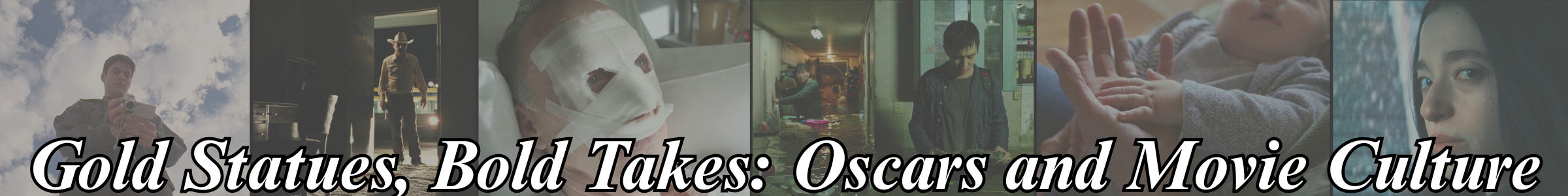 Banner showing film stills behind the tagline 'Gold Statues, Bold Takes: Oscars and Movie Culture' for the Frames and Flicker site.